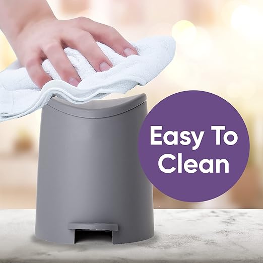 Superio Mini Plastic Bathroom Trash Can with Lid 3 Liter Grey Modern Curved Step On Trash Can with Foot Pedal, Mini Kitchen Waste Bin, Durable and Soft Close for Bedroom, Office, Under Desk