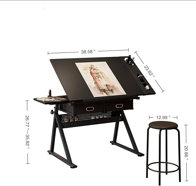 Adjustable Drafting Table Set with Stool, Drawing Desk Artist Table with Storage Drawers, Tiltable Tabletop Art Table Multifunctional Craft Workstation for Home Office