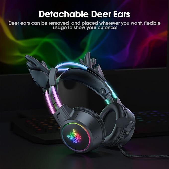 Lightweight Gaming Headset with Detachable Deer Ear, RGB Lighting, Wired Over Ear Headphones with Mic for PC, PS4, PS5, Switch, Stereo Surround Sound, Self-Adjusting Headband