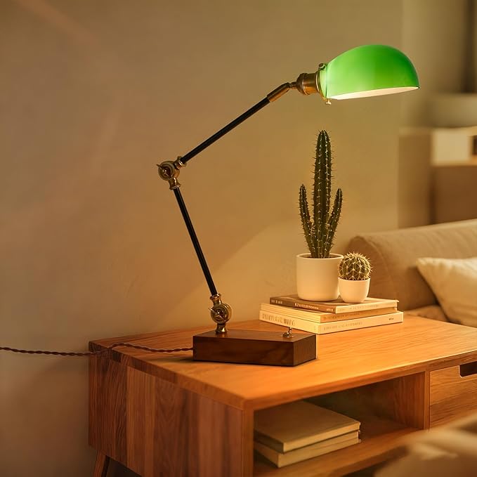 Bankers Lamp, Adjustable Traditional Green Desk Lamp with Solid Ash Wood Base, Green Glass Antique Library Lamp with Power Cord Switch, Plug in Vintage Bankers Desk Lamp for Office 【E26 Socket】