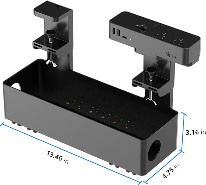 Hiree Under Desk Cable Management Tray with 8 AC Outlets, 2 USB & 1 USB-C Ports - Clamp Mount Storage Basket Organizer, No Drill Cord Storage Organizers for Standing Desk Home Office（Black）