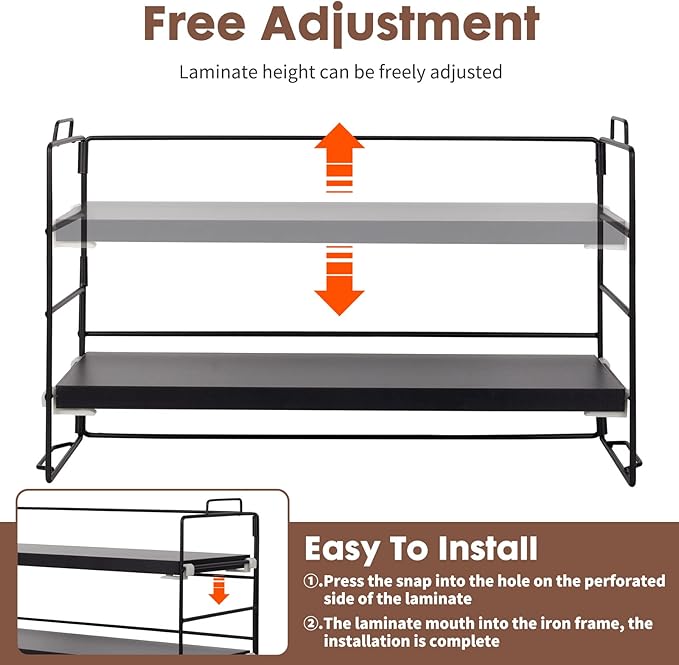 PowerKing Desk Shelf Organizer, 2-Tier Desktop Shelves with Wood Board, Adjustable Bookshelf Storage Rack for Home Office School Study Room (Black Frame + Brown Wood)