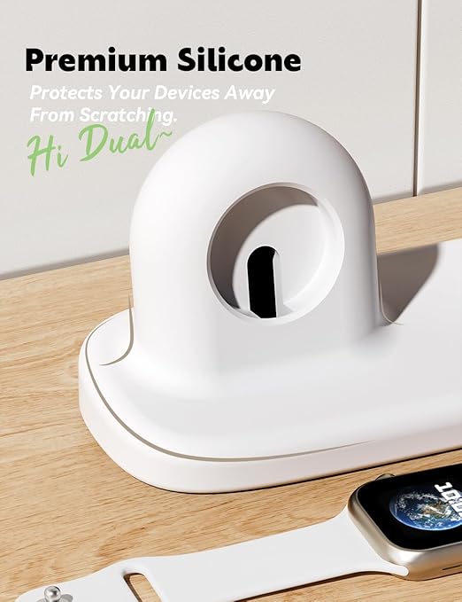 ELETIUO Dual Charger Stand Compatible with Apple Watch Series 49/46/45/44/42/41/40/38mm iWatch Ultra2/Ultra/10/9/8/SE2/7/6/SE/5/4/3/2/1,Silicone Charging Dock Organizer Supports Night Stand Mode,White