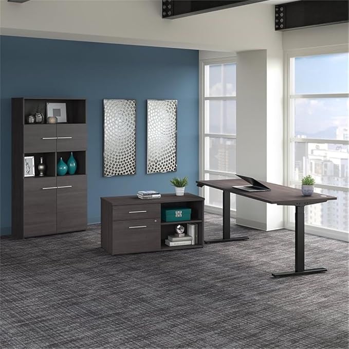 Pemberly Row 72W Adjustable Desk with Storage, Storm Gray Engineered Wood, Height Adjustable 27-46.7 in, Bookcase with Doors, Cabinet with Locking Drawers, Ergonomic Office Set
