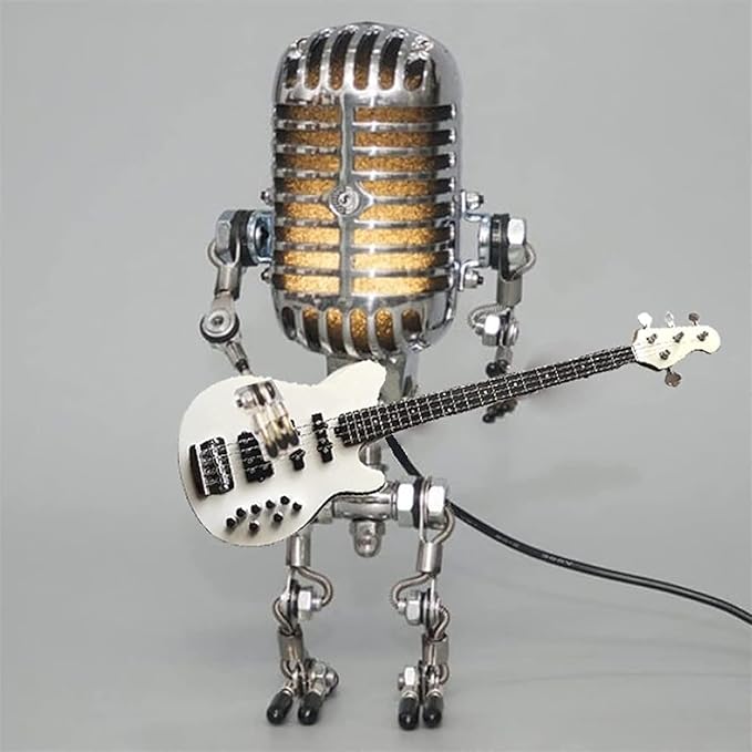 Vintage Microphone Guitar Robot Lamp, Music Gifts for Men, Cool Gifts for Music Lovers, Vintage Light Home Decor Nightstand Desk Lamp for Bedroom, Music Studio (White)