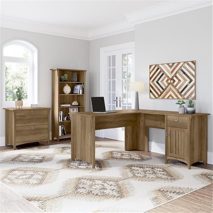 Pemberly Row L Shaped Desk with File Cabinet & Bookcase, Reclaimed Pine Finish, Engineered Wood Office Set, Distressed Style, 60W Desk with Storage, 5 Shelf Bookcase, Home Office Furniture