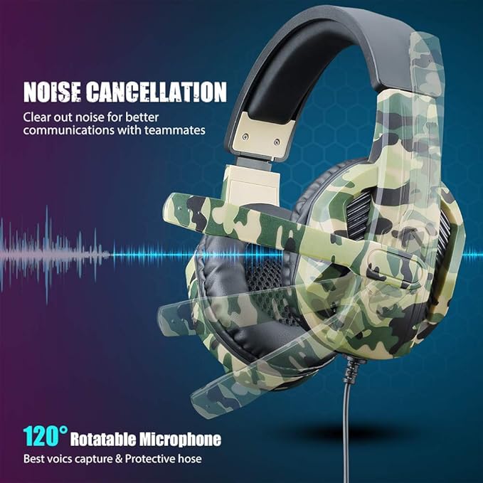 Picozon Gaming Headset with Microphone, 3.5mm Plug Headphone Compatible with PS5 PS4 PlayStation 4/5 Computer Laptop iPad Surface Smartphone - Camouflage Green