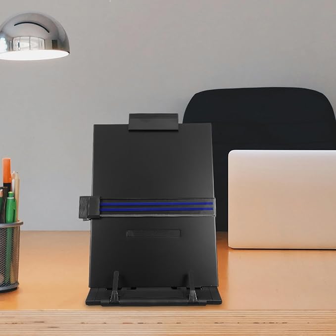 Zerodeko Adjustable Black Desktop Book Stand and Copyholder with Paper Holder for Office Reading and Typing, Ergonomic Document Holder for Desk Organization and Learning