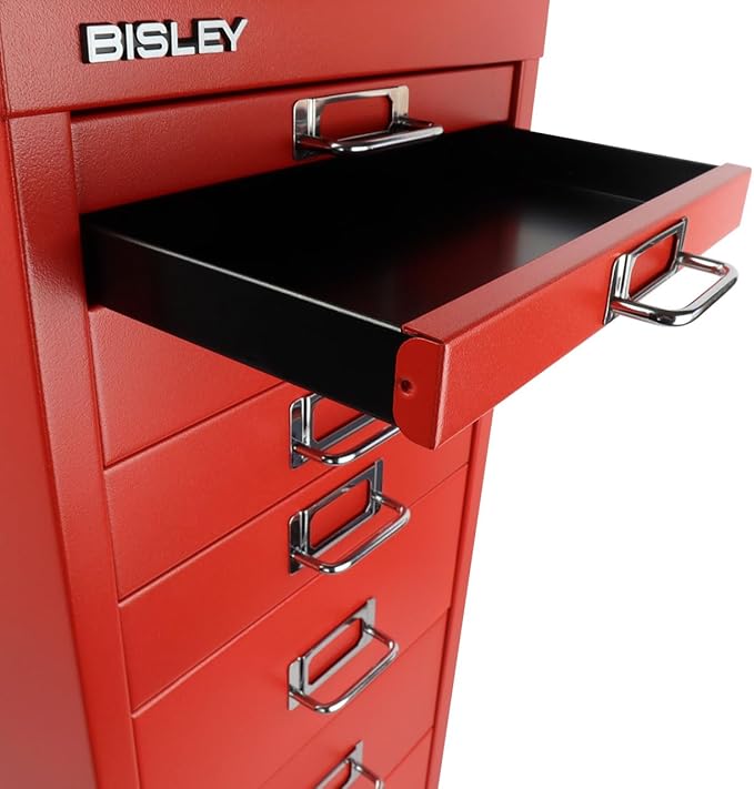 Bisley 8-Drawer Steel MultiDrawer Cabinet - Cardinal Red, Chrome Pull Handles with Label Holders, Powder-Coated Steel, Removable Drawers, Fits Under Most Desks, Labels Included