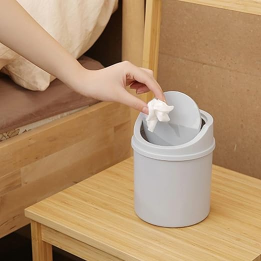 Mini Desktop Trash Can with Lid - 6.3'' Swing-Lid Plastic Garbage Bin for Desk, Countertop & Kitchen, Tiny Creative Waste Basket for Living Room & Office Organization (Grey)