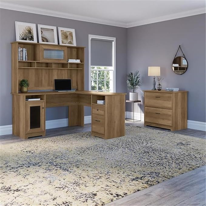 Scranton & Co Furniture Cabot L Computer Desk Set, Reclaimed Pine Finish, 60W L Shaped Desk with Hutch and 2 Drawer File Cabinet, Fluted Glass Doors, USB Hub, Home Office Storage Solution