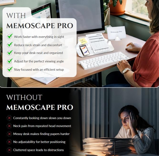 MemoScape PRO Adjustable in-Line Document Copy Holder for Desk - Help Boost Productivity and Reduce Neck Strain - Paper Holder Stand for Desk - Office & Home Organization Accessory - White