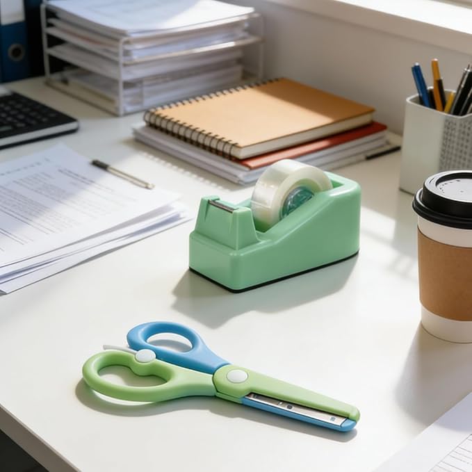 XEUZK Desktop Tape Dispenser Kits with Weighted Nonskid Base Tape Dispenser- Includes 9 Rolls of Transparent Tape(0.71 Inch x 500 inches Each) & Blue Scissors, 2 Pcs Tweezers (Green)