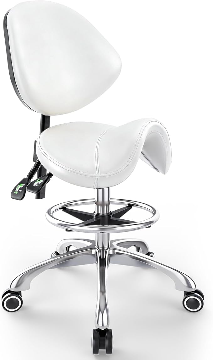 Saddle Chair with Back Support - Tilted Backrest, Adjustable Foot Rest, 350 LBS Capacity Ergonomic, 360° Swivel Drafting Chair for Salon, Spa, Massage, Tattoo, Facial lash, Home, Dentist (White)