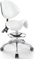 Saddle Chair with Back Support - Tilted Backrest, Adjustable Foot Rest, 350 LBS Capacity Ergonomic, 360° Swivel Drafting Chair for Salon, Spa, Massage, Tattoo, Facial lash, Home, Dentist (White)