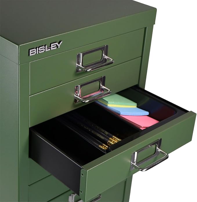Bisley 10-Drawer Steel MultiDrawer Cabinet - Olive Green, Chrome Pull Handles with Label Holders, Powder-Coated Steel, Removable Drawers, Fits Under Most Desks, Labels Included
