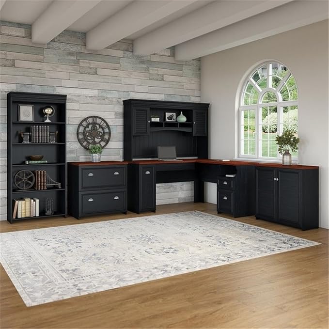 Pemberly Row 5 Piece Office Set, Engineered Wood, Antique Black and Hansen Cherry Finish, L Desk with Hutch, Storage Cabinet, Lateral File, 5 Shelf Bookcase, Farmhouse Style Home Office Furniture