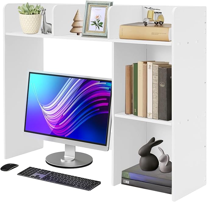 Desk Hutch with 6 Shelves Desktop Bookshelf Multi-Functional Desktop Organizer 3 Tire Desk Storage Shelf for Home Office (White)