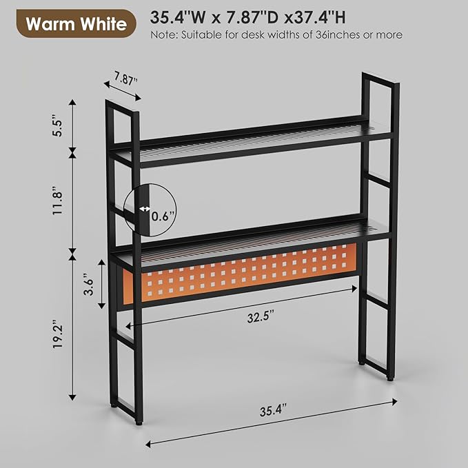 Brakki Desk Shelf, 35.43" Desk Hutch Bookshelf, Desktop Shelf with Pegboard for Computer Monitor, Metal Desktop Hutch Storage Organizer for Dorm Home Office, 2 Tier Bookcase, Black