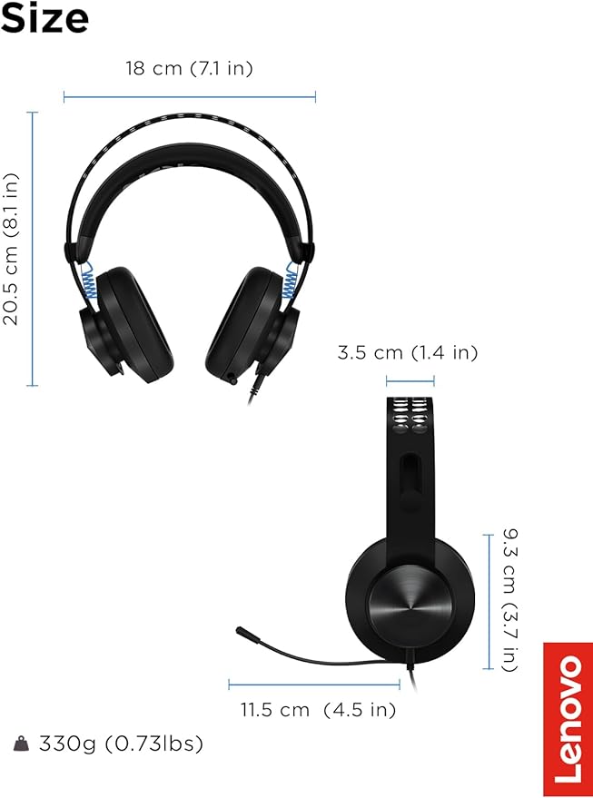 Lenovo Legion H300 Stereo Gaming Headset, Noise-Cancelling Mic, Memory Foam & PU Leather Earcups, Stainless Steel Headband, PC, PS4, Xbox One, Nintendo Switch, Mac, GXD0T69863, Black