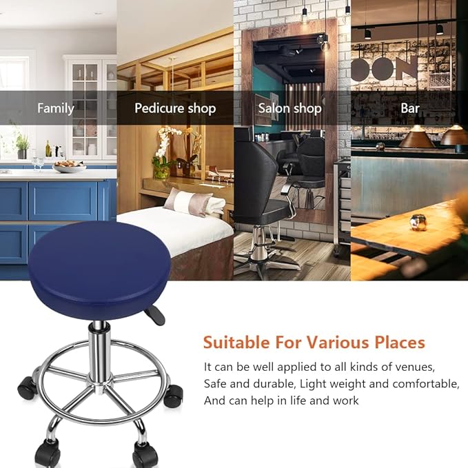 KKTONER PU Leather Round Rolling Stool with Foot Rest Swivel Height Adjustment Spa Drafting Salon Tattoo Work Office Massage Stools Task Chair Cushion 14 inches (Blue)