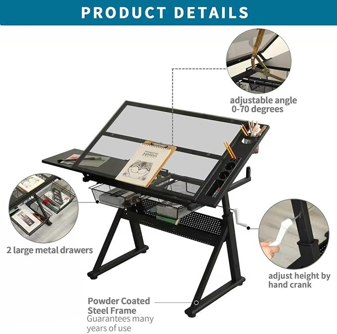 Adjustable Drawing Table for Artists | Drafting Desk with Tilted Glass Top | Art & Craft Table for Adults (Black, Smart Upgrade-29.52’’- 37.8'' H)