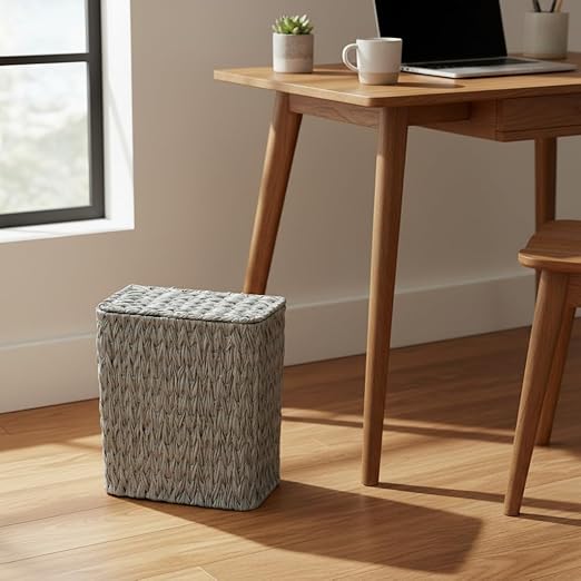 Coeusy 3 Gallon Wicker Trash Can,Grey Bathroom Trash Cans with Lid,Waterproof Slim Waste Basket for Bedroom,Home Office,Narrow Garbage Can with Removable Liner
