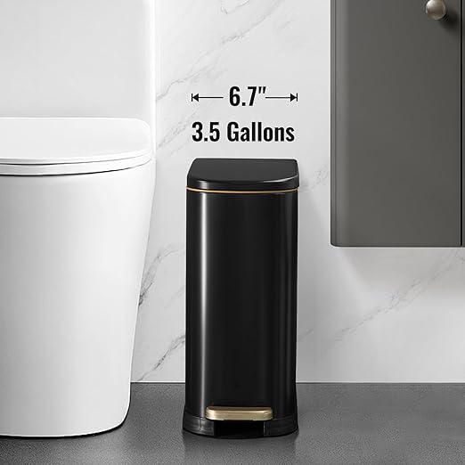 SYNCVIBE Bathroom Trash Can with Soft-Close Lid 3.5 Gallon Stainless Steel Garbage Can with Removable Inner Bucket Slim Trash Bins for Bedroom Office (Matte Black)
