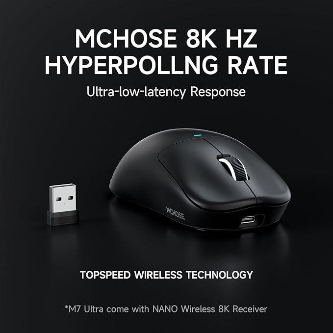 MCHOSE M7 Ultra Wireless Gaming Mouse, 8K Polling, 53g Lightweight Ergonomic Computer Mouse PAW3950 Optical Sensor 750 IPS 42000 DPI 6 Programmable Controls USB-C 3-Modes PC/Mac Black