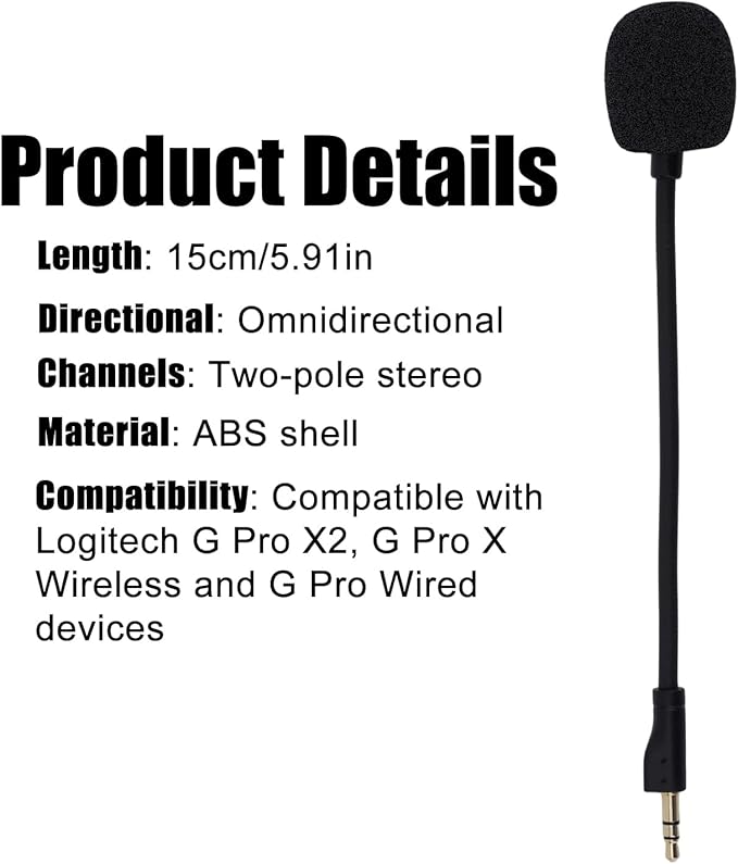 Replacement Microphone for Logitech G PRO X and G PRO X2 Gaming Headsets, Detachable Noise Cancelling Game Microphone with Foam Covers Gaming Headset Mic Accessory