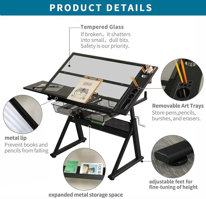 Adjustable Drawing Table for Artists | Drafting Desk with Tilted Glass Top | Art & Craft Table for Adults (Black, Smart Upgrade-29.52’’- 37.8'' H)