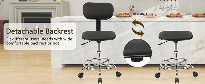 KLASIKA Low Wide Rolling Swivel Stool with Backrest, Adjustable Height Salon Chair Stools with Footrest for Spa Tattoo Office Desk Massage Task Lash Barber Facial, Black 4PK