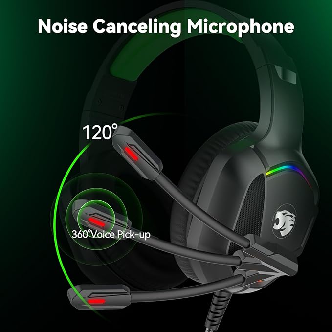 Gaming Headset with Microphone for Pc, Xbox One Series X/s, Ps4, Ps5, Switch, Stereo Wired Noise Cancelling Over-Ear Headphones with Mic, RGB, for Computer, Laptop, Mac, Nintendo (Green)