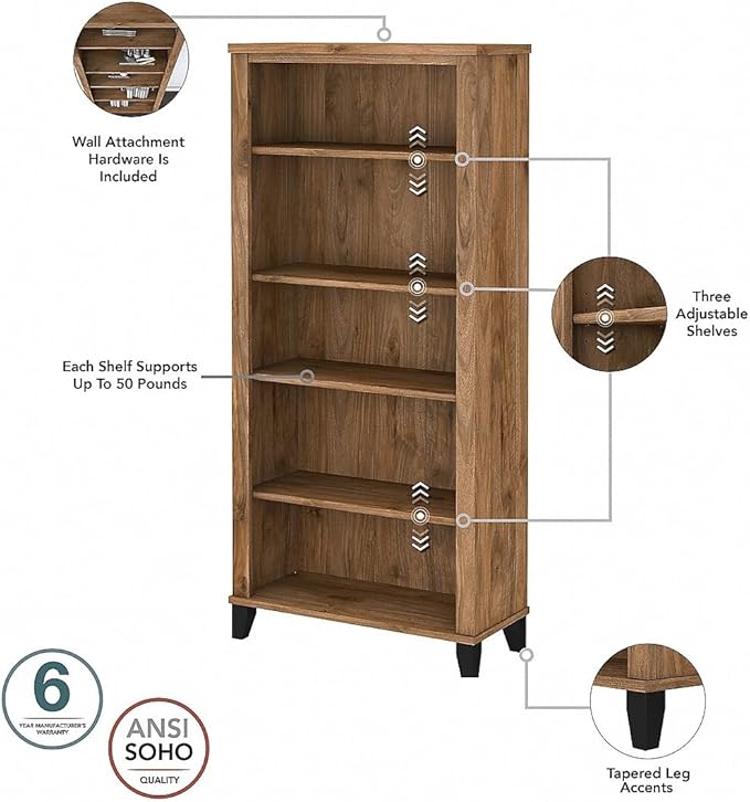 Bush Furniture Somerset 72W 3 Position Sit to Stand L Shaped Desk with Hutch and Bookcase in Fresh Walnut