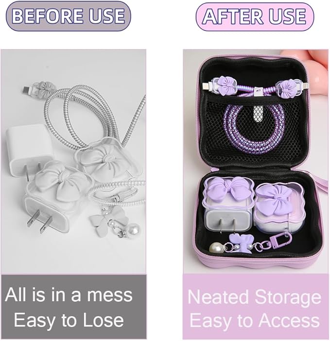 Charger Cover Storage Bag, Cute 3D Bow Tie Waves Design Charger Protector Travel Storage Case, Earphone Wire Saver Cable Cord Organizer Wireless Earphone Storage Box, Purple Bow
