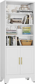 Metal Bookcase with Doors, White 71" Tall Bookcase with Storage, Floor Industrial Bookshelves and Bookcases 6 Tier Shelf Dispaly Storage Shelves for Home Office, Living Room, Bedroom, White