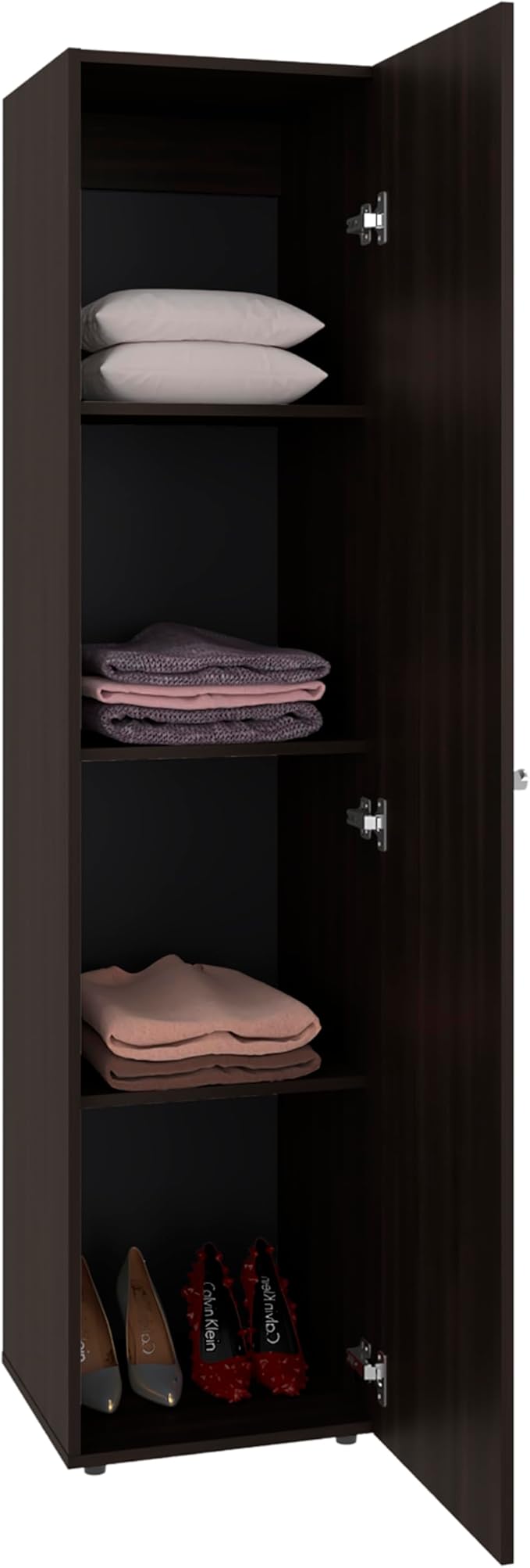 Saily Storage Cabinet with 4 Shelves and Mirror on Door, Modern Design, Walnut Mirror on Door: Includes a full-length mirror, making it convenient for quick outfit checks. Easy Access: Features a s