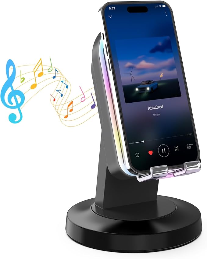Wireless Induction Speaker with 360° Rotatable Base, Phone Stand with Bluetooth Speaker and RGB Light, Cell Phone Speaker Amplifier for Desk, Kitchen, Unique Tech Gifts for Men and Women (Black)