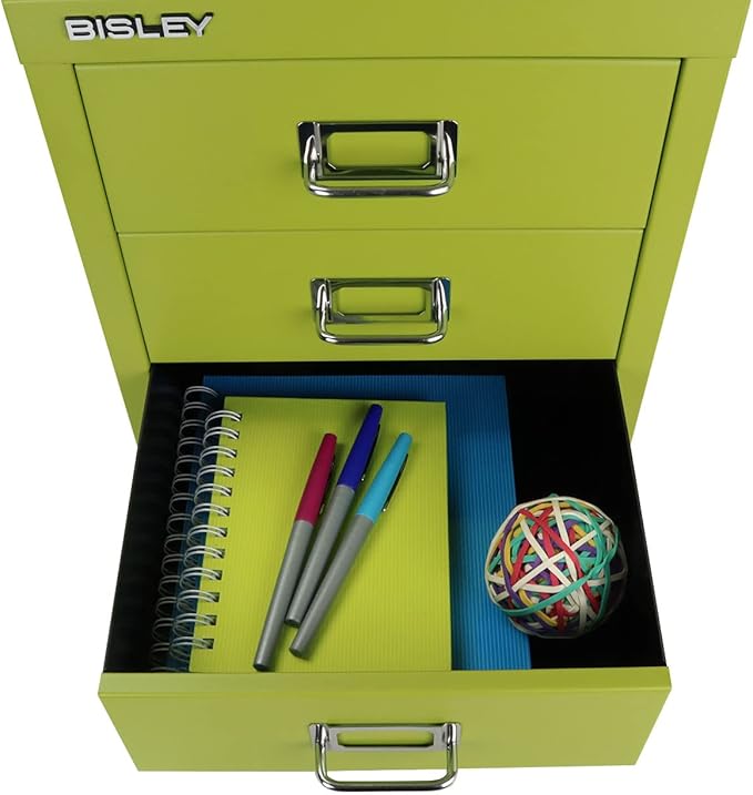3-Drawer Steel MultiDrawer Cabinet - Bisley Green, Chrome Pull Handles with Label Holders, Powder-Coated Steel, Removable Drawers, Desktop Storage, Labels Included by Bisley