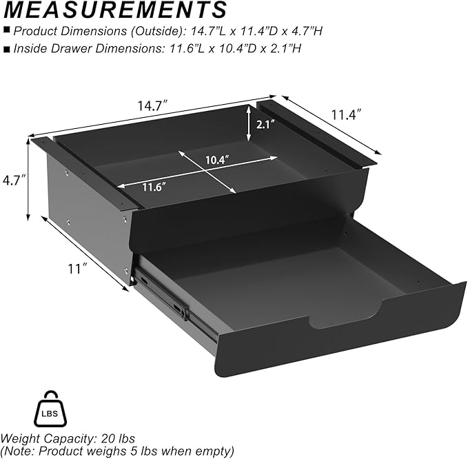 Under Desk Mounted Sliding Double Layer Drawer with Tilt Panel to Pull Out, 11.6'' Long & 10.4'' Deep Dual Storage Organizer for Sit Stand Workstation