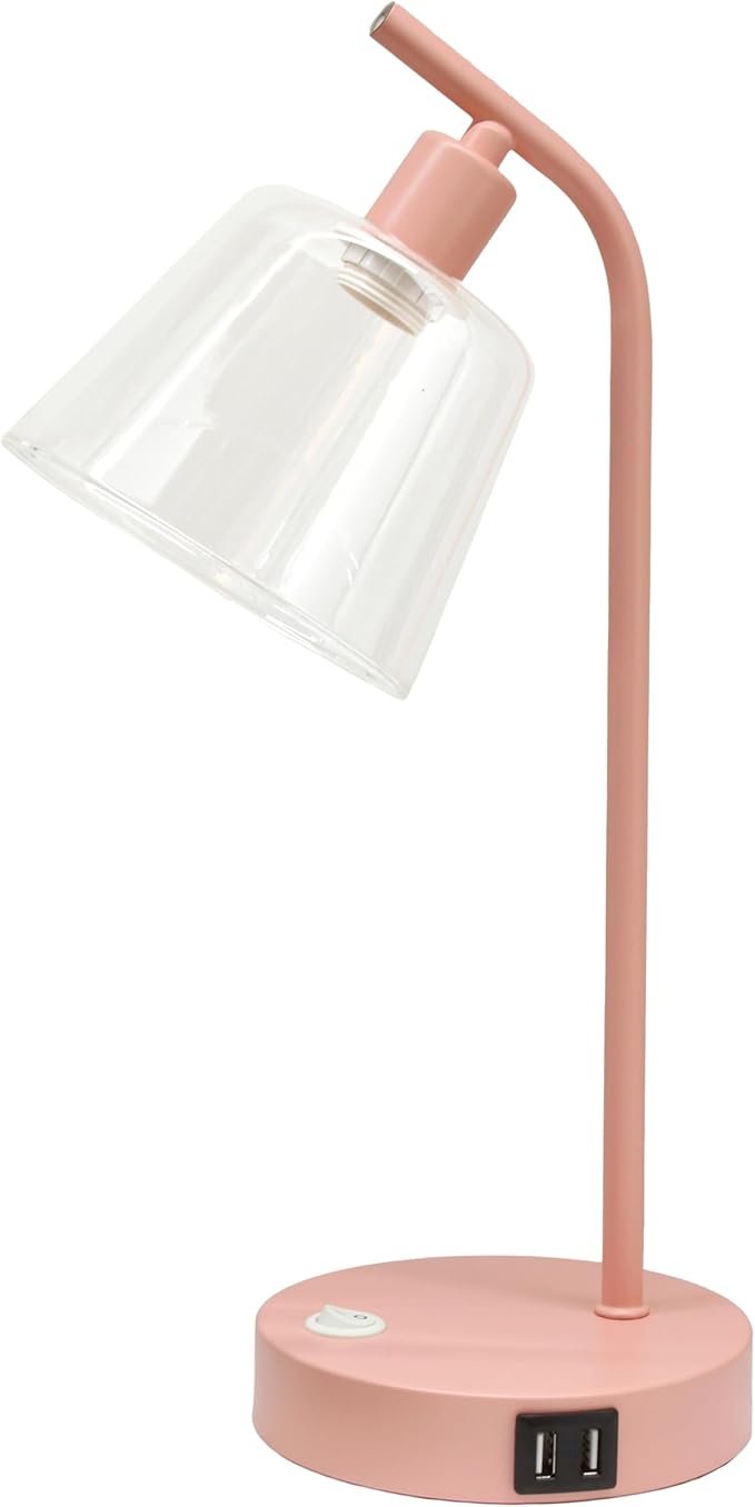 Simple Designs LD1074-BPK 15.75" Sleek Essentials Modern Industrial Netal Desk Lamp with Clear Glass Shade and Dual USB Ports, for Office, Desk, Nightstand, Dorm, Blush Pink