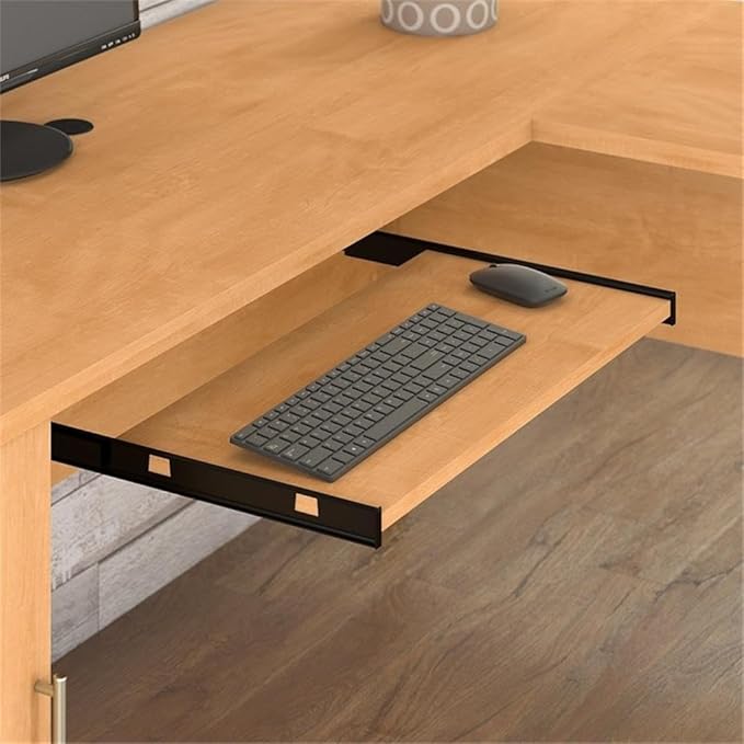 Pemberly Row 60W L Shaped Desk with Hutch and File Cabinet, Maple Cross Finish, Wood Construction, Frosted Glass Doors, Storage Drawers, Tapered Legs, Transitional Style Home Office Furniture Set