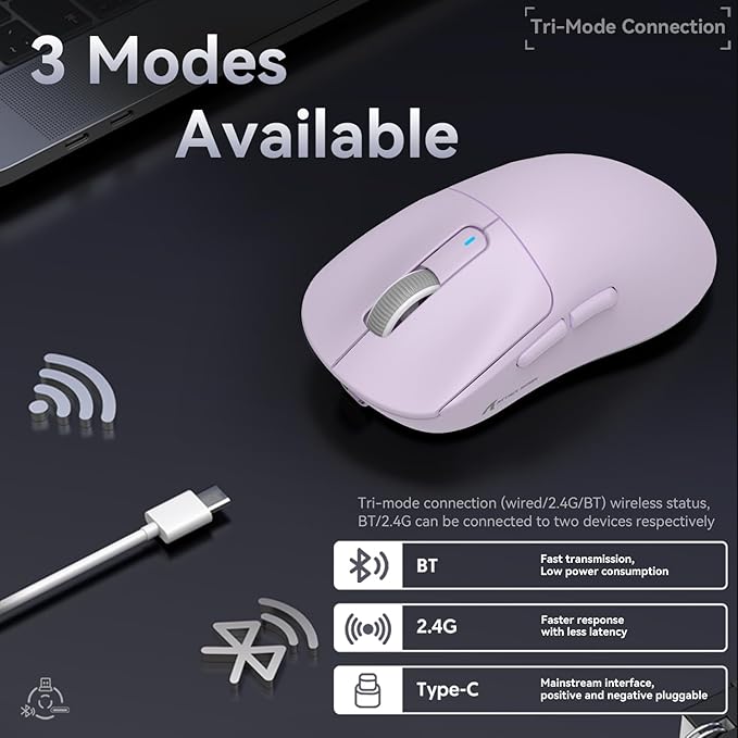 MAMBASNAKE Attack Shark X3 Wireless Gaming Mouse, 49g Ultralight, PixArt PAW3395 26000 DPI, Bluetooth/2.4Ghz /Wired Tri-Mode, 200Hrs Rechargeable Battery, Kailh GM8.0 Switch for PC/MAC/Win - Purple