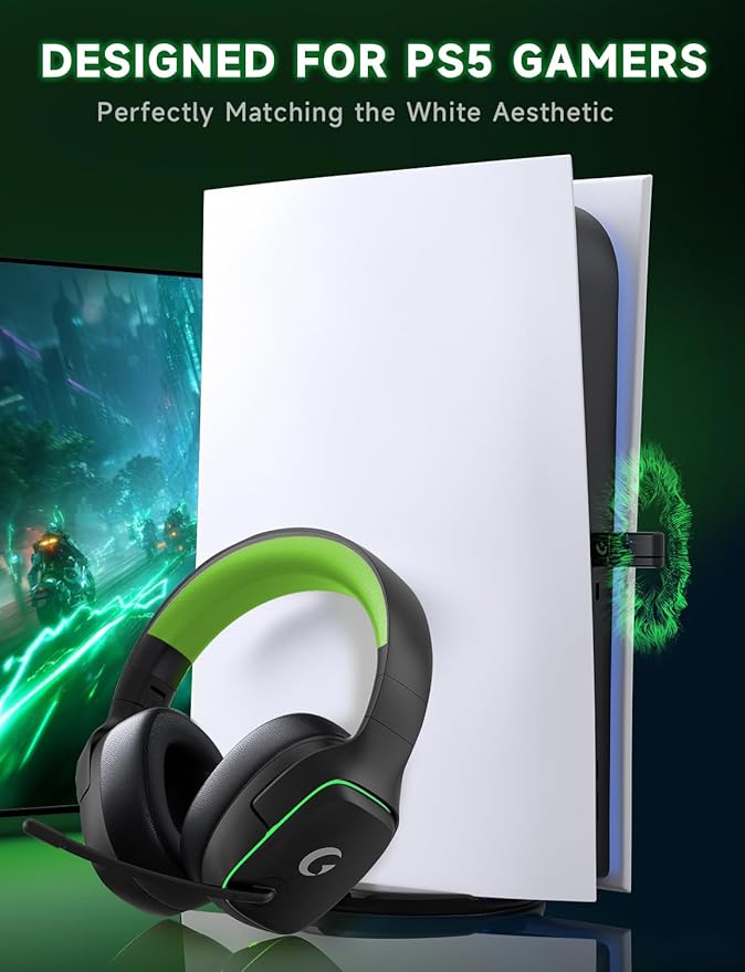 Gvyugke 2.4GHz Wireless Gaming Headsets for PS5, PS4, PC, Switch - Bluetooth 5.3 Gaming Headphones with Noise Canceling Mic, 7.1 Surround Sound, 70H Battery, Blue Lighting - Black Green