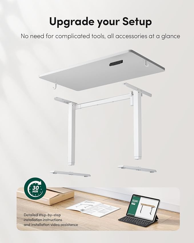 CubiCubi 55 x 24 Large One-Piece Standing Desk, Adjustable Height Electric Computer Home Office Sit Stand up Workstation, with 4 Memory Presets, Headphone Hook, White