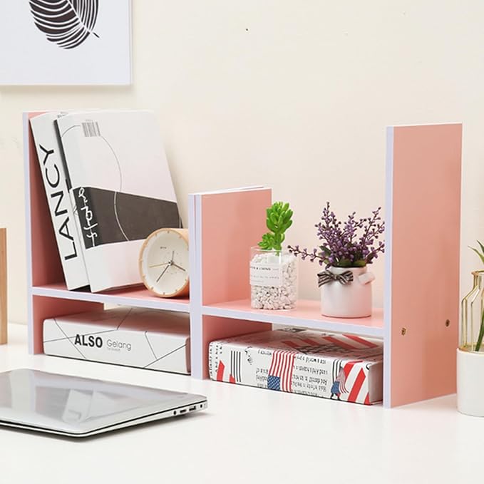 Desktop Shelf Organizer, Adjustable Wood Office Storage Rack, Counter Display Small Bookshelf for Home/Office/School(Pink)