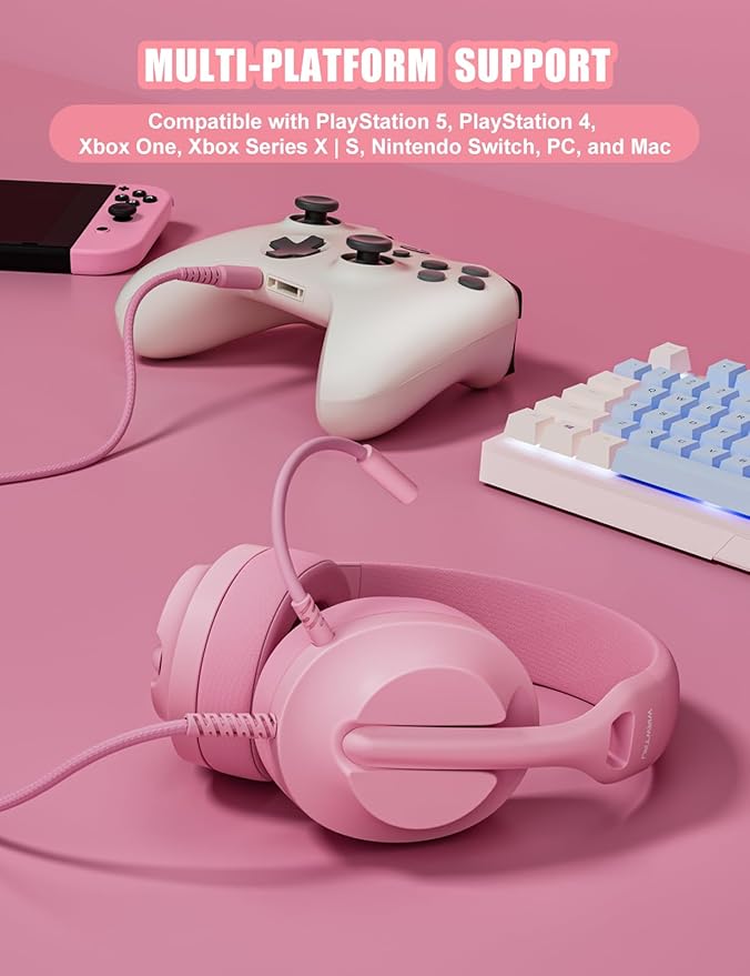 WIRWTRU S30 Gaming Headset with Microphone,198g Lightweight Design, Wired Gaming Headphones for Xbox, Xbox Series X|S, PS5, PS4, Switch, PC, Noise Cancelling Mic, Soft Earmuffs (Pink)