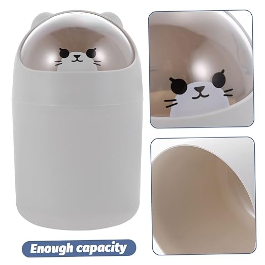 Healifty Cute Bear Desktop Trash Can Lid Mini Plastic Garbage Bin for Office and Bedroom Slim Waste Container for Table Cartoon Themed Small Trash Can