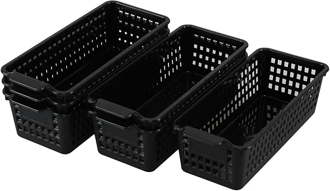 6 Pack Small Desktop Storage Baskets, Black Slim Plastic Storage Baskets