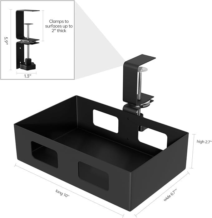 2 Pack Clamp-on Swivel Organizer, Under Desk Hidden Storage Drawer with Cable Hole, Hanging Metal Basket for Extender Space